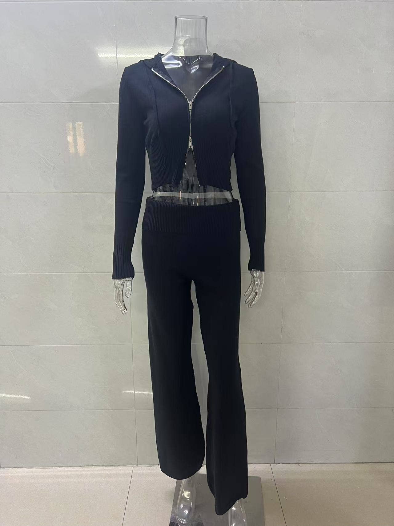 Two-piece sport zippered hooded top trousers set