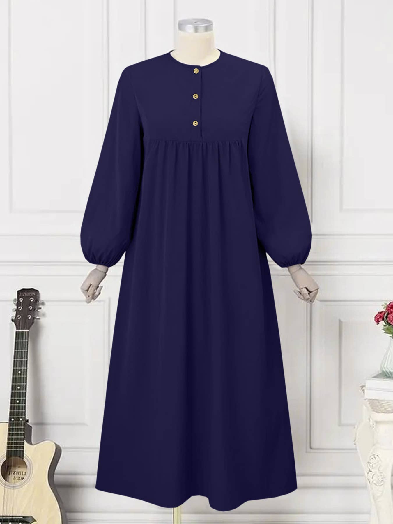 Fashion puffed-sleeve loose solid-color dress