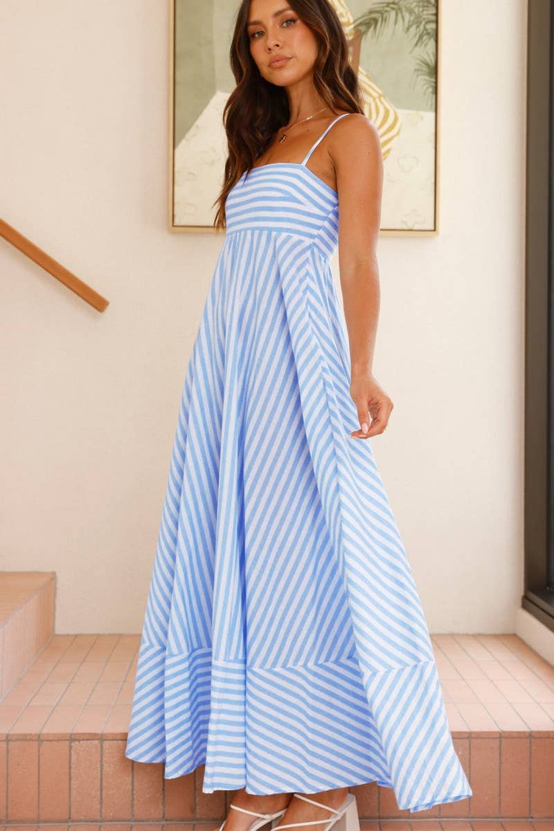 CWDMD5984_STRIPED POCKET PRINT BACKLESS FLOWY DRESS