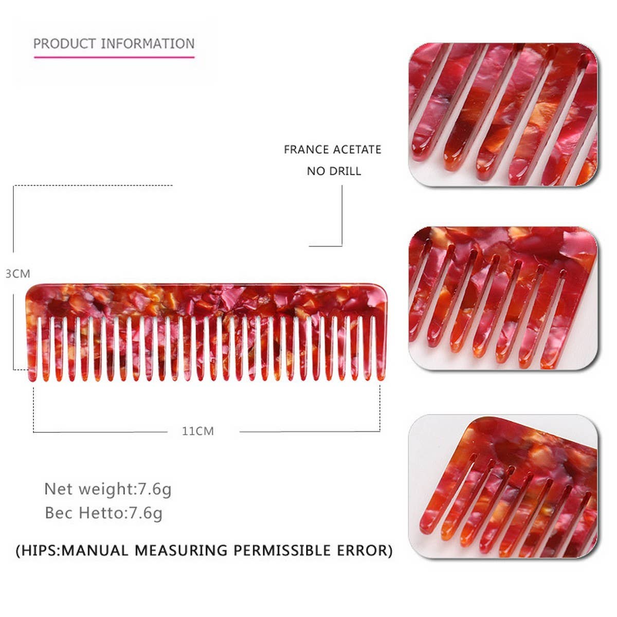 VINTAGE ACETATE HAIR COMB DENSE TOOTH COMB