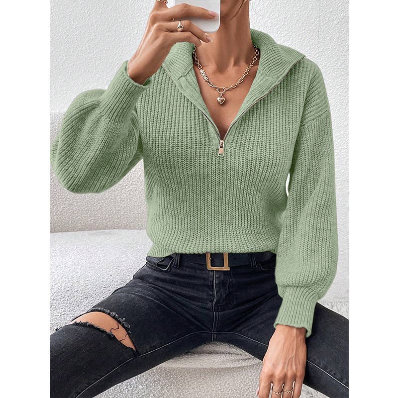 SOLID COLOR LOOSE CASUAL POLO NECK ZIP-UP SWEATER