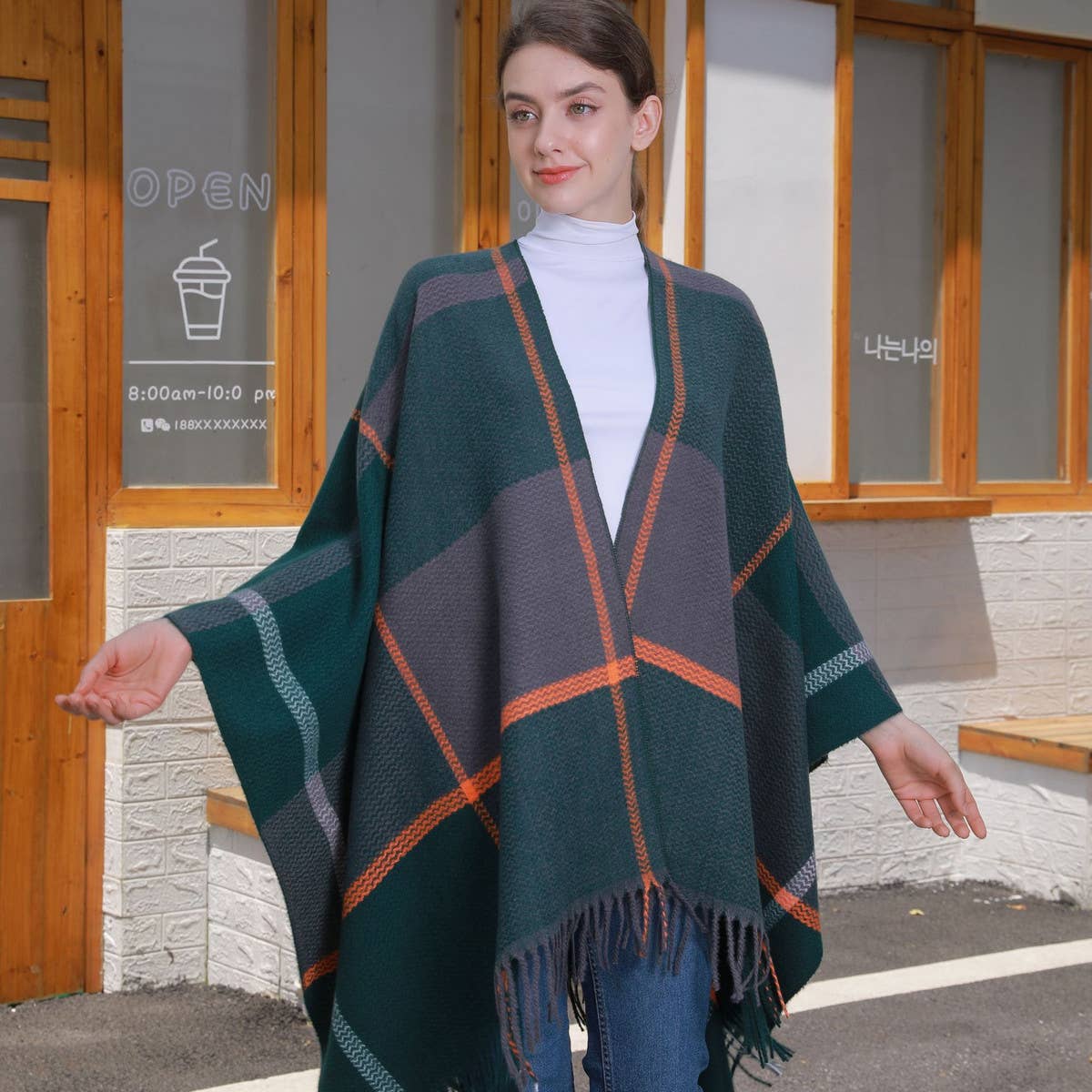 WOMEN THICKENED TASSEL PINSTRIPE SHAWL CAPE
