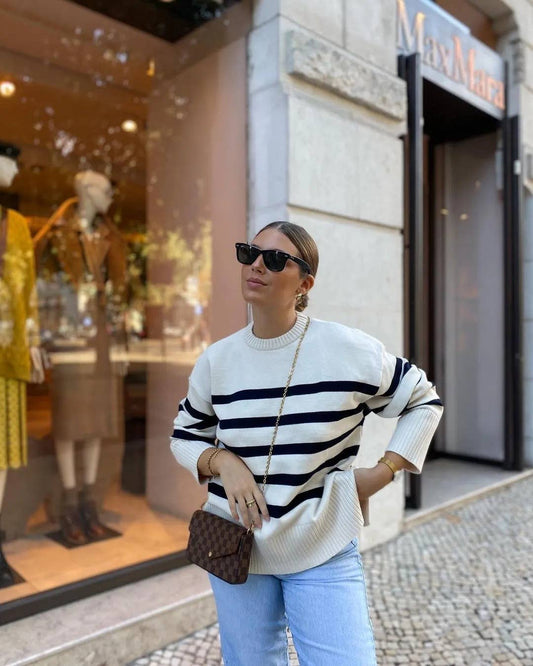 Striped long-sleeved round-neck knitted sweater