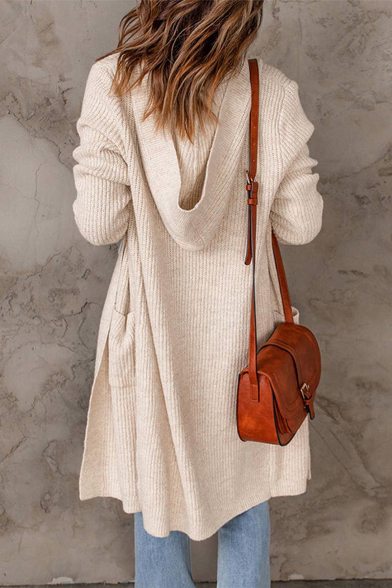 Solid-color hooded long knitted coat