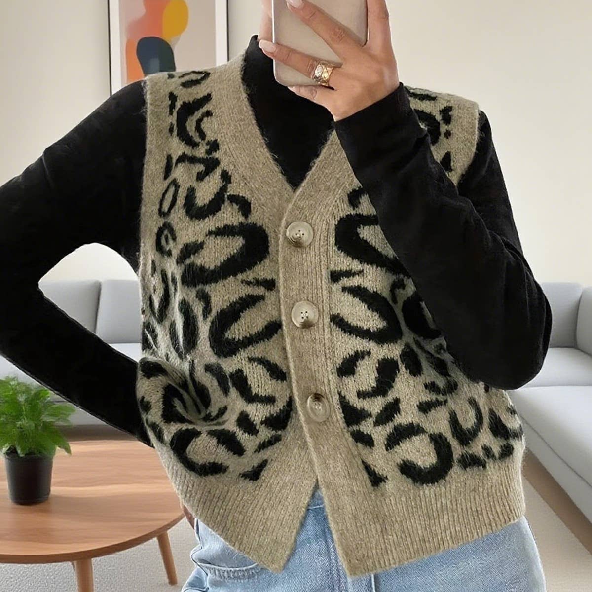 Leopard print V-neck single-breasted knit vest