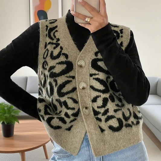 Leopard print V-neck single-breasted knit vest