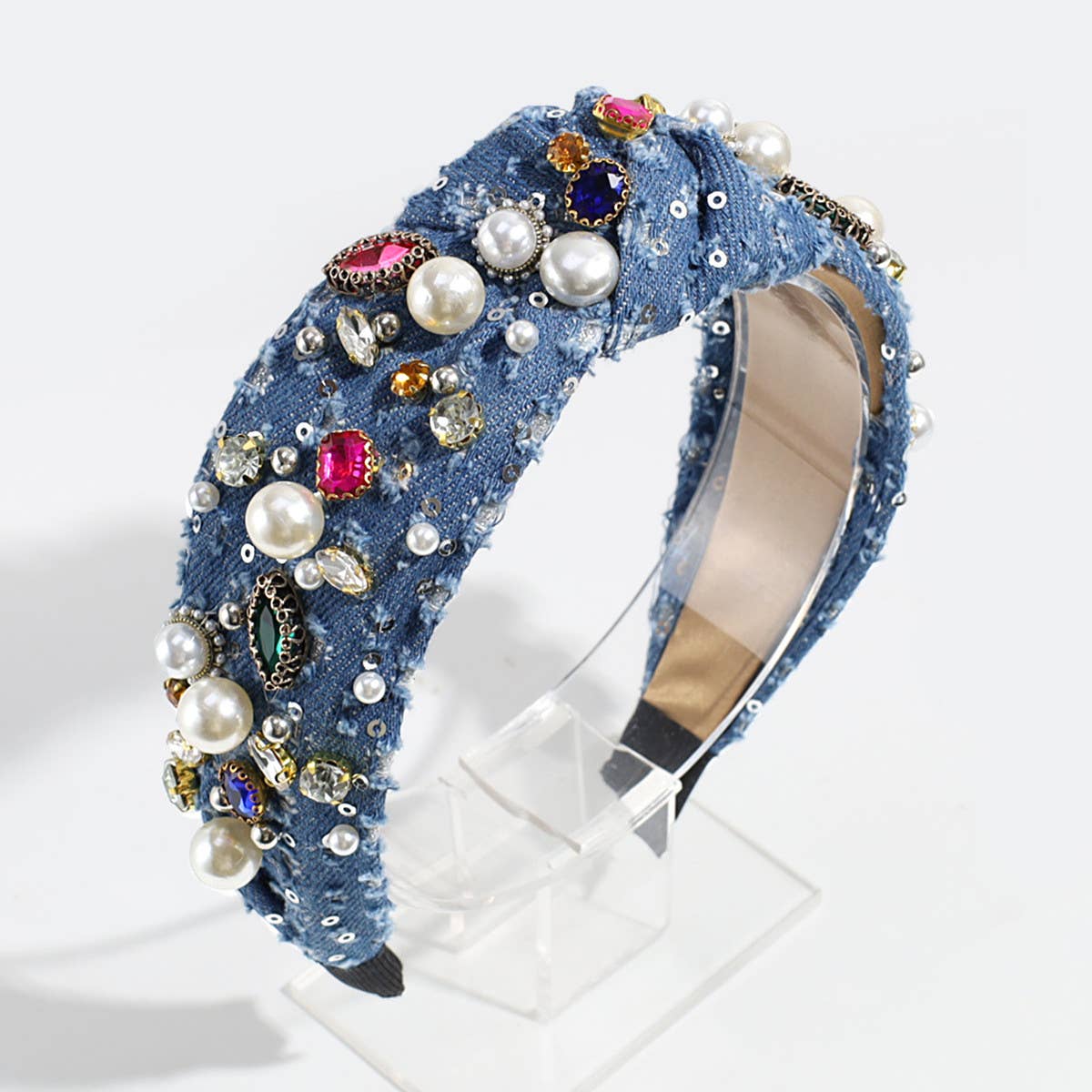 KNOTTED DENIM HEADBAND WITH COLORFUL RHINESTONES