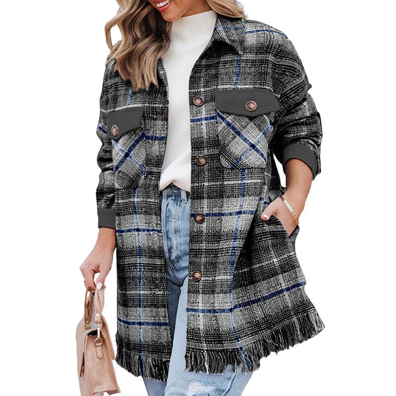 Stylish fringe pocket plaid blouse jacket for women
