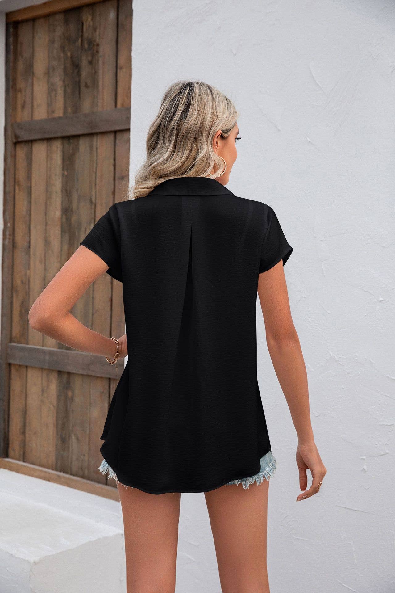 LAPEL SOLID SATIN SHORT SLEEVED LOOSE SHIRT