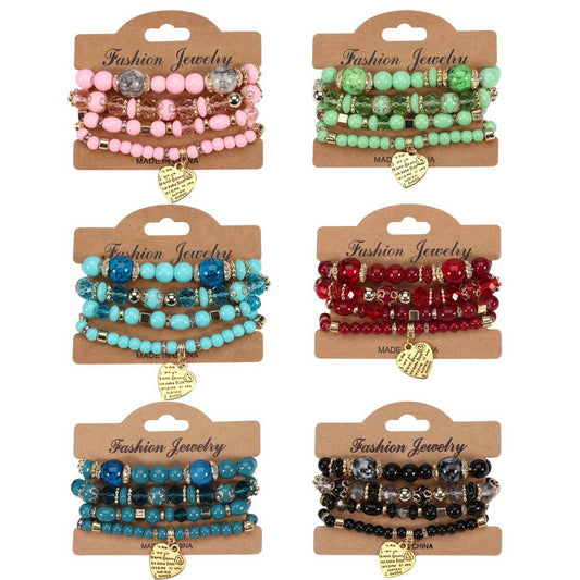 CWMM10451_BOHO BEADED HEART BRACELET SET 4PCS ELASTIC