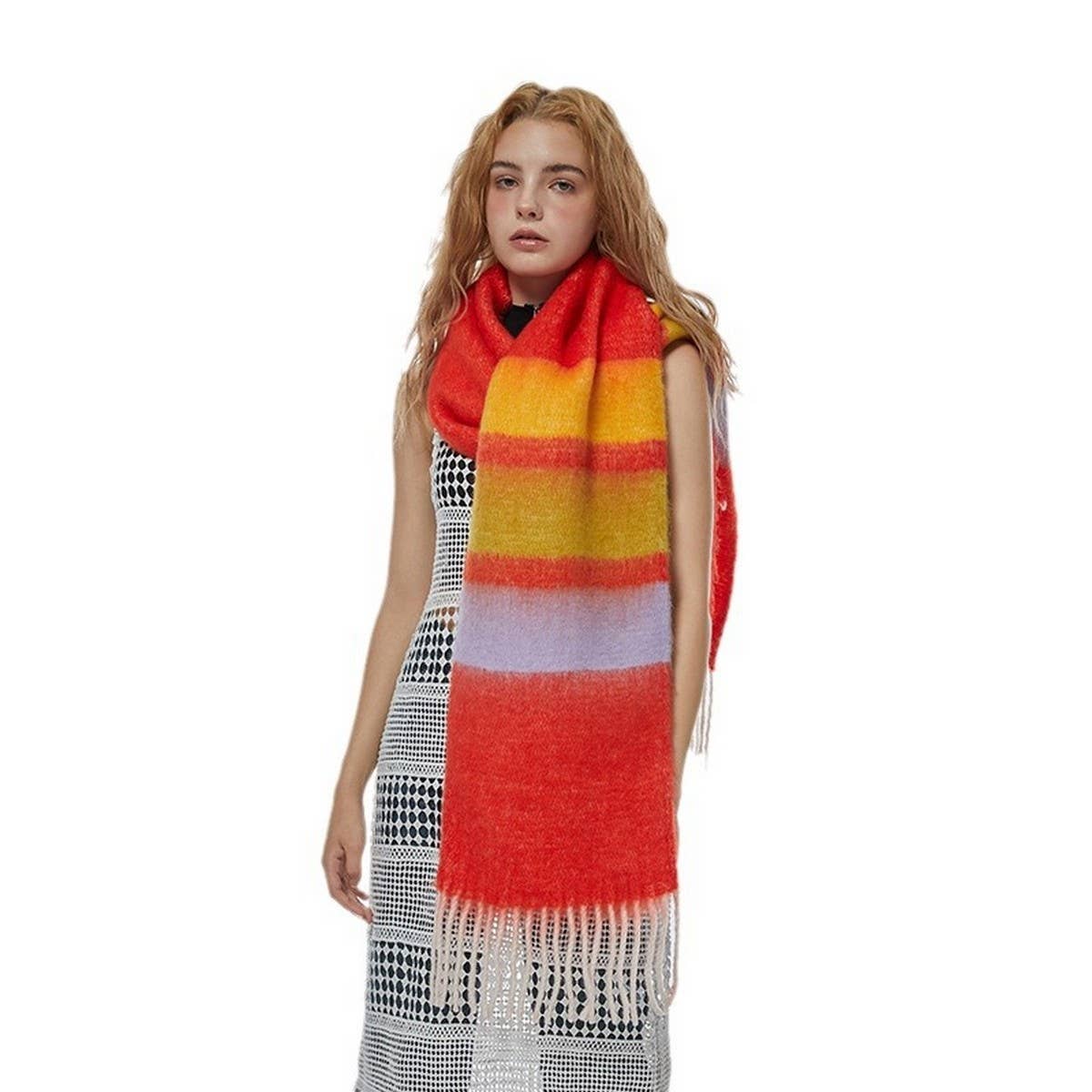 Rainbow Stripe Faux Cashmere Scarf for Winter_CWASC2345