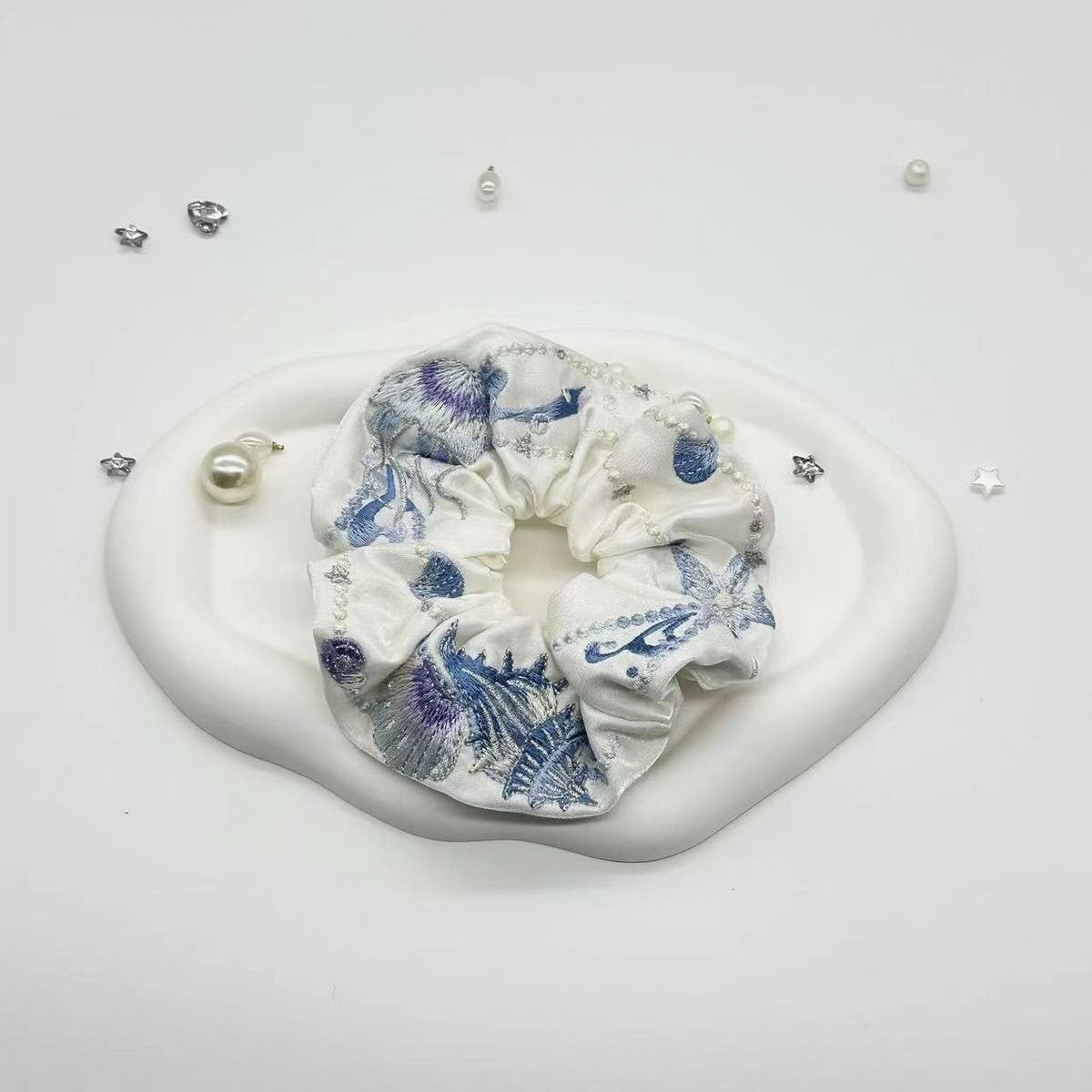 EMBROIDERED MARINE LIFE SQUARE SCARF HAIR TIE