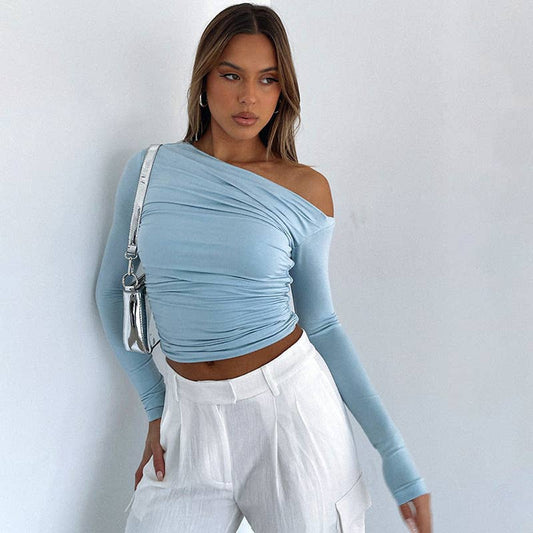 Solid-color off-the-shoulder pleated top T-shirt