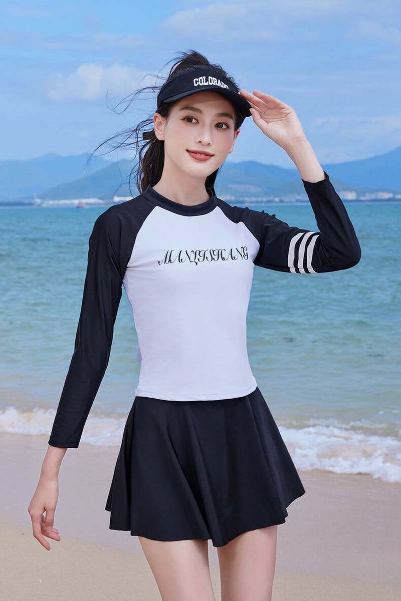 CWMW0859_LONG SLEEVE SHORT SKIRT TWO PIECE SWIMSUIT