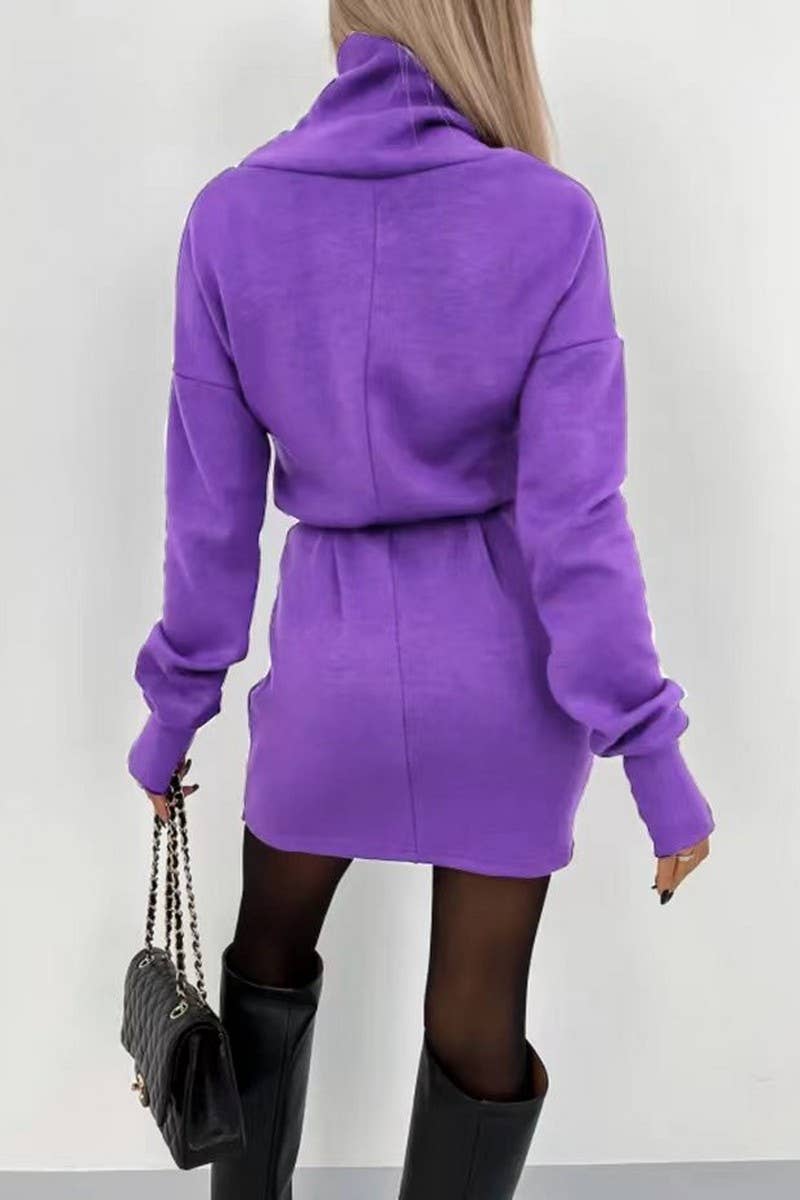 CWDSD10863_SOLID COLOR HIGH COLLAR WAIST KNITTED DRESS