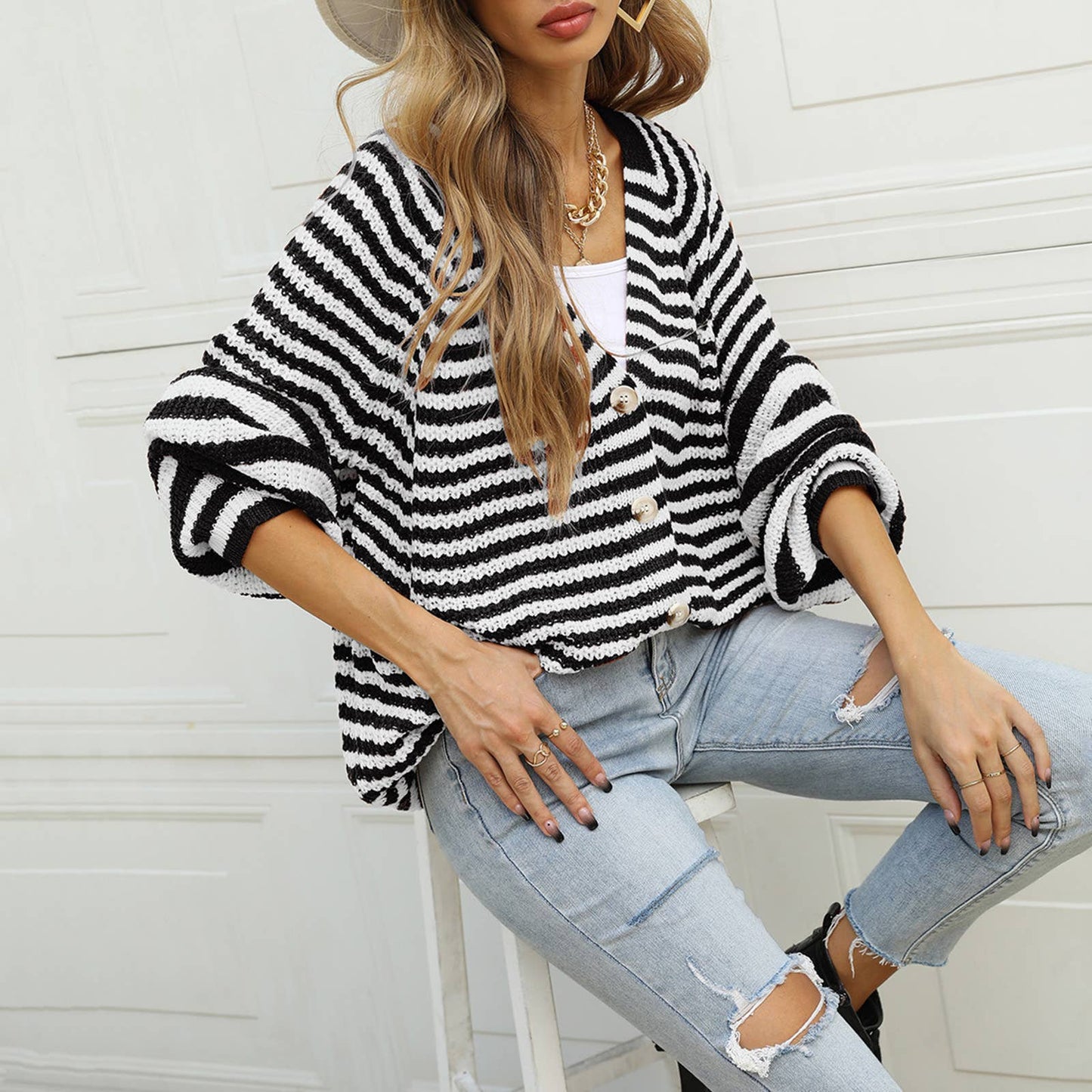 STRIPED SWEATER PLUS SIZE LOOSE KNIT