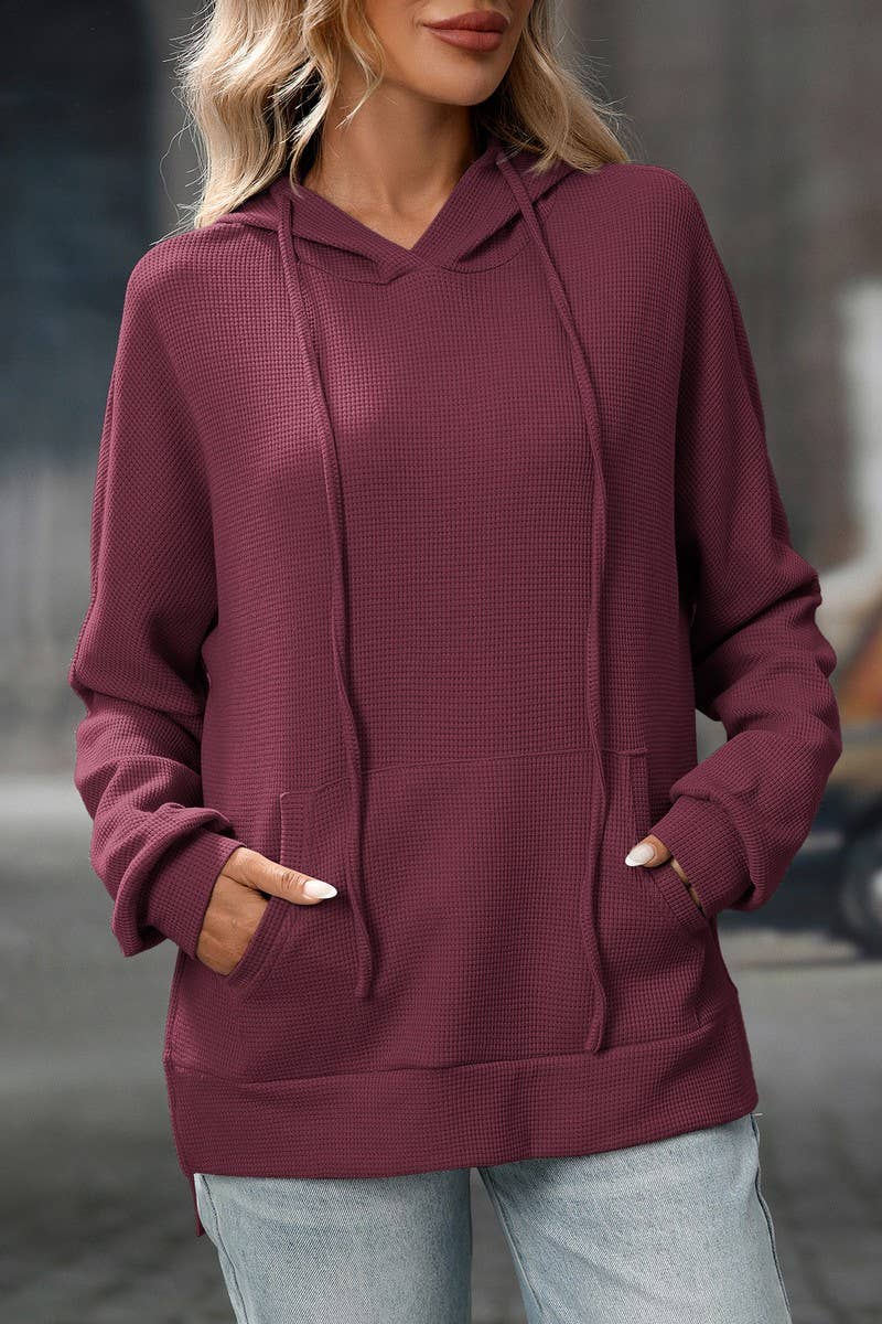 CWOHOL00603_WAFFLE KNIT PULLOVER LONG SLEEVE HOODIE