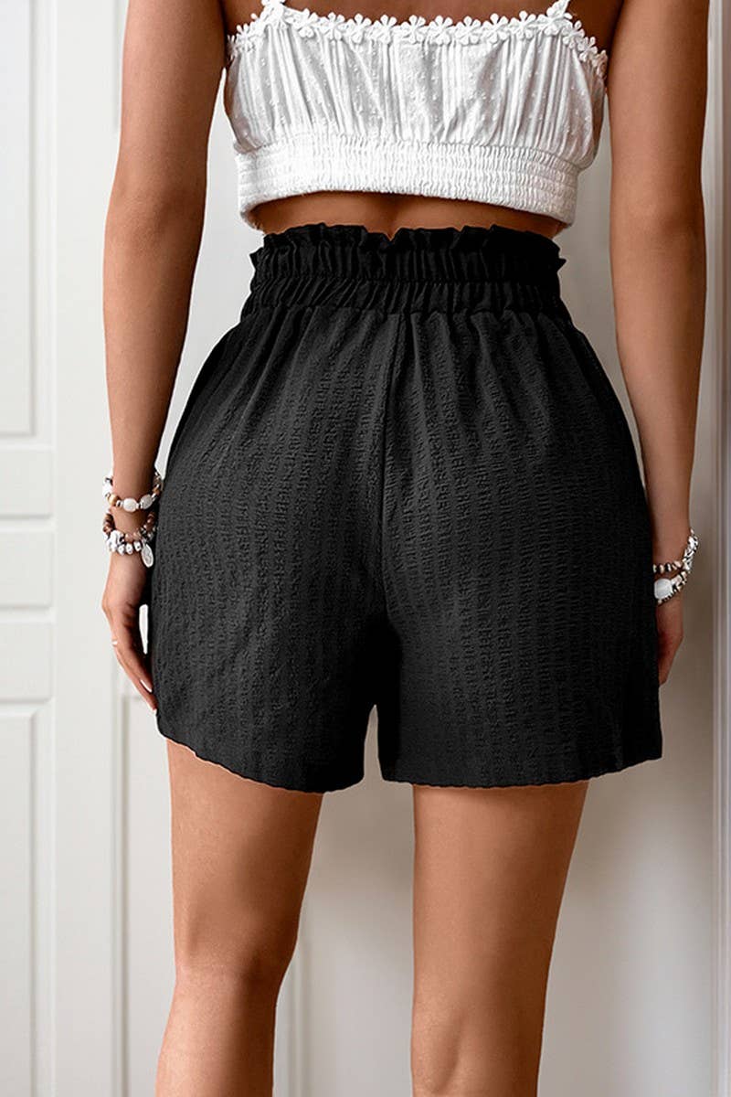 CWBSP0439_COMFORTABLE HIGH WAIST TIE BLACK CRINKLED SHORTS