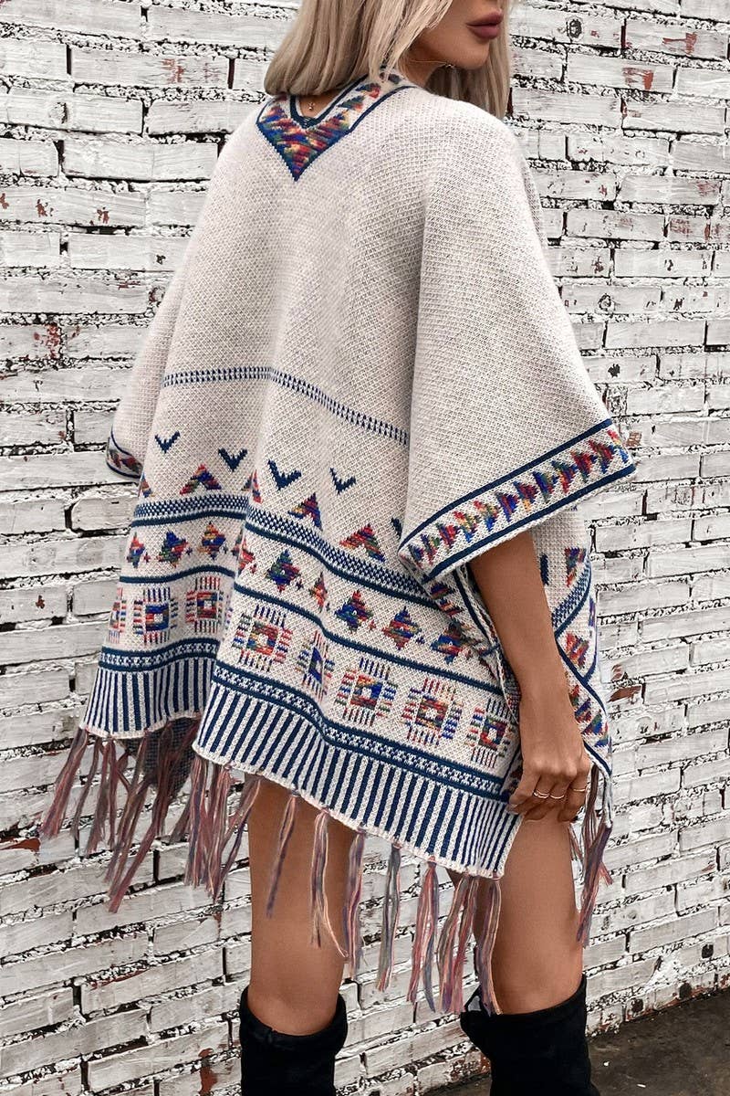 CWOSWS0090_LOOSE KNITTED TASSEL JACQUARD CAPE SHAWL
