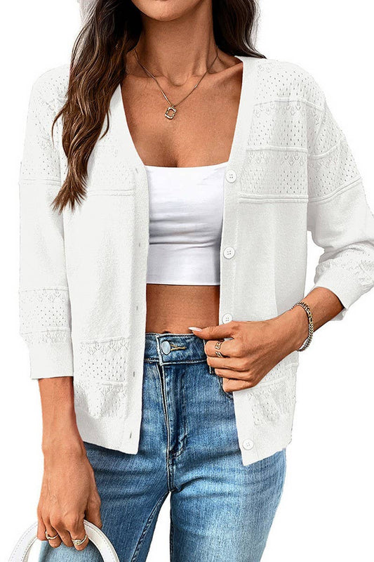 CWOCAL2303_THREE-QUARTER SLEEVE HOLLOW KNIT V-NECK CARDIGAN
