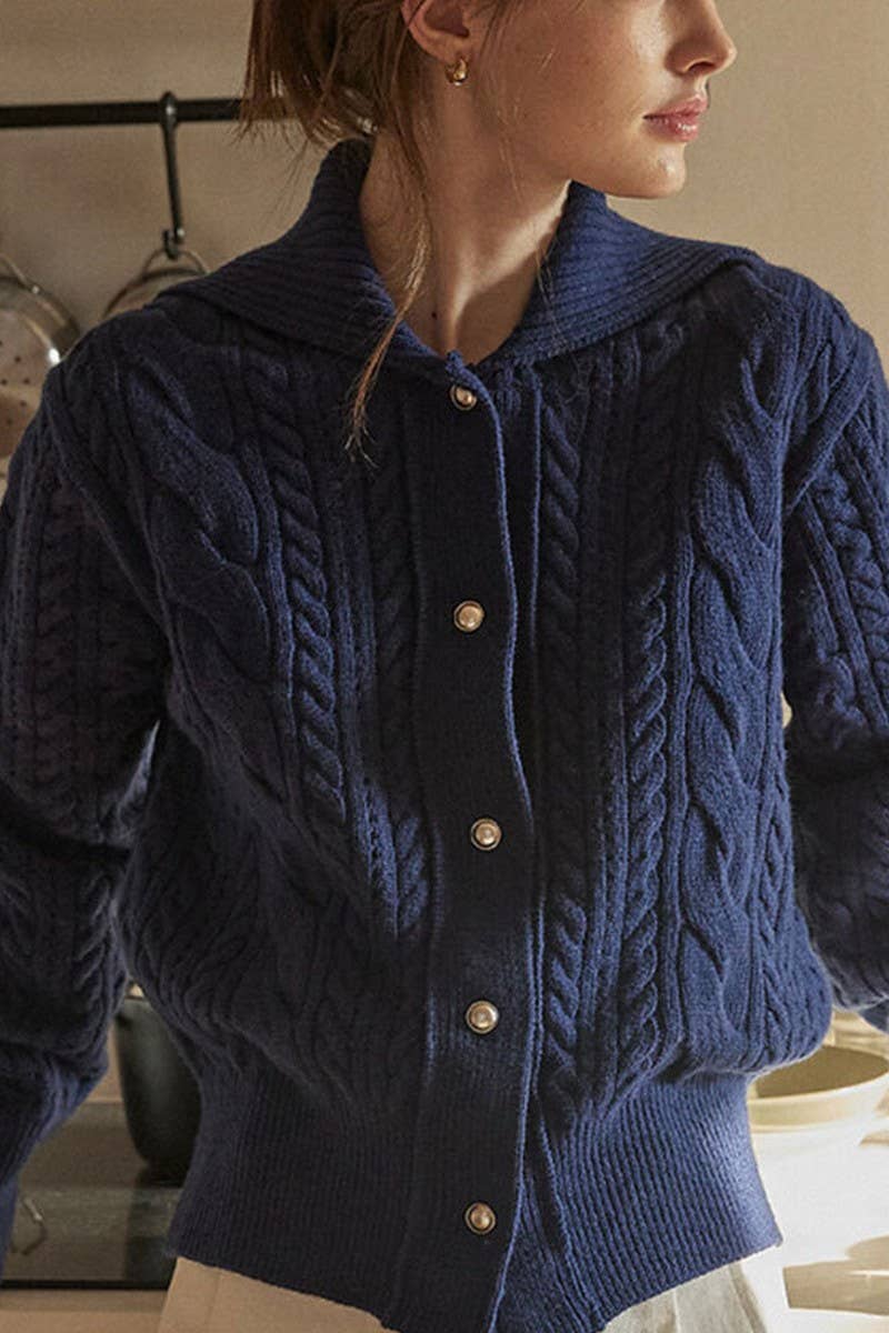 CWOCAL1812_NAVY COLLAR LONG SLEEVE TWIST BUTTON CARDIGAN