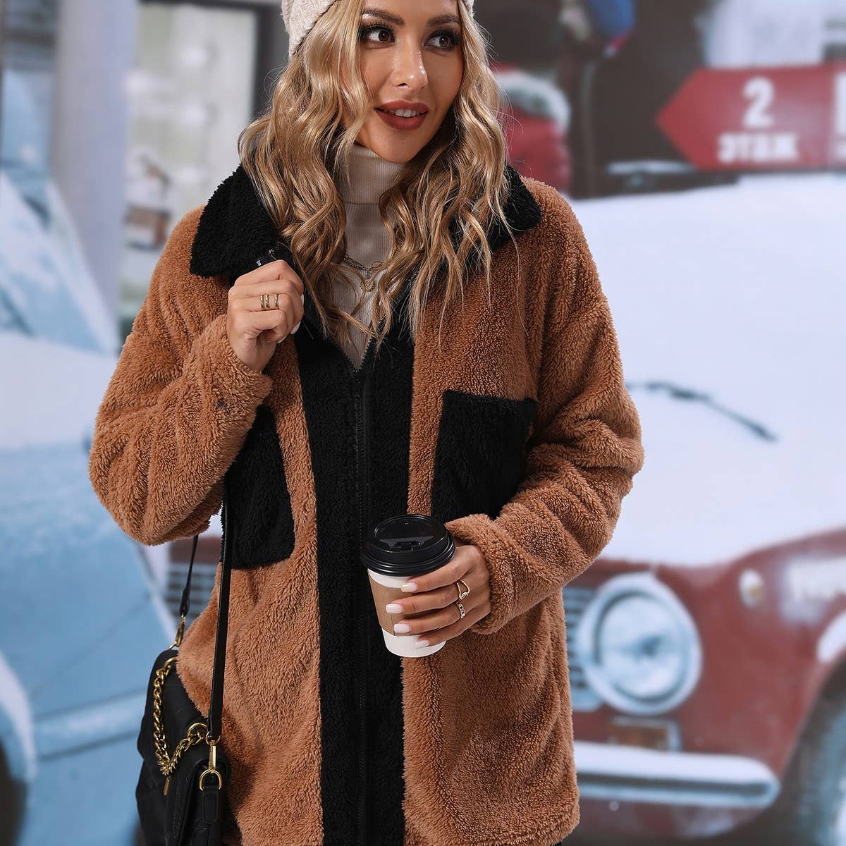 Lapel long sleeve color matching fleece jacket