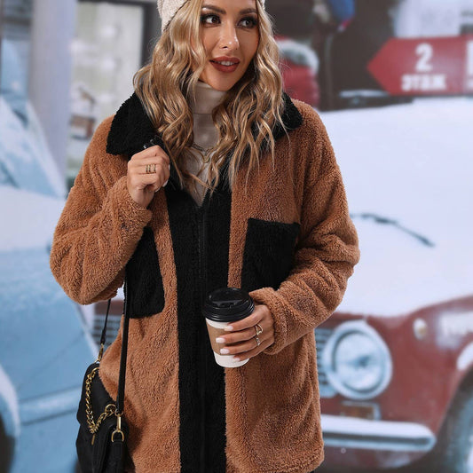 Lapel long sleeve color matching fleece jacket