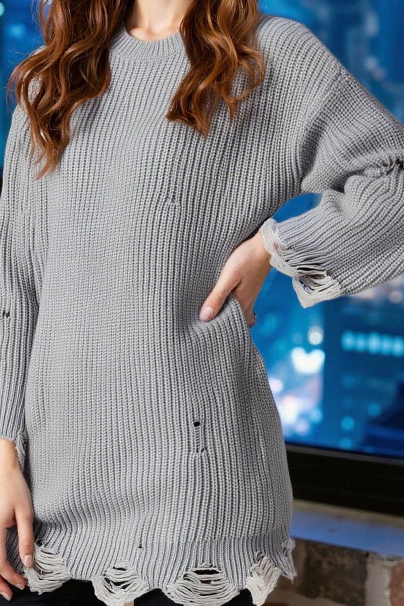 CWDSD10563_SOLID COLOR LOOSE SWEATER WITH RIPPED HEM