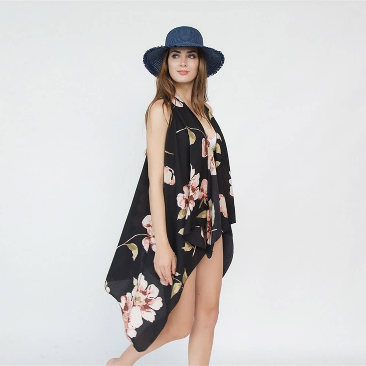 BIG FLORAL PRINT FRONT OPEN KIMONO FOR SLEEVELESS_CWASC0785