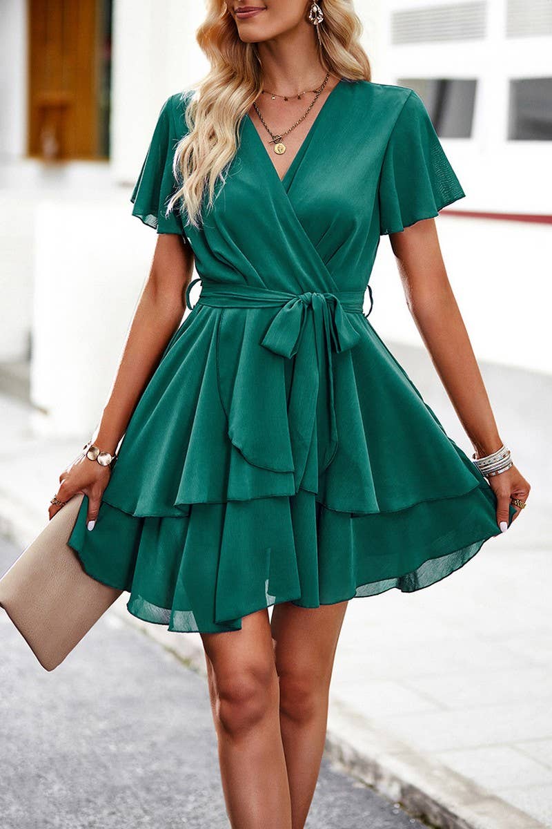 CWDSD2346_V-Neck Wrap ruffle Sleeve Floral Print Mini Dress