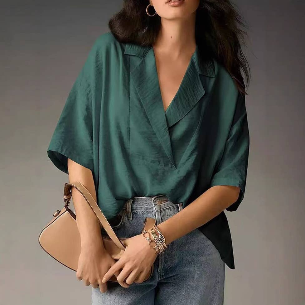 V-neck casual loose solid-color shirt