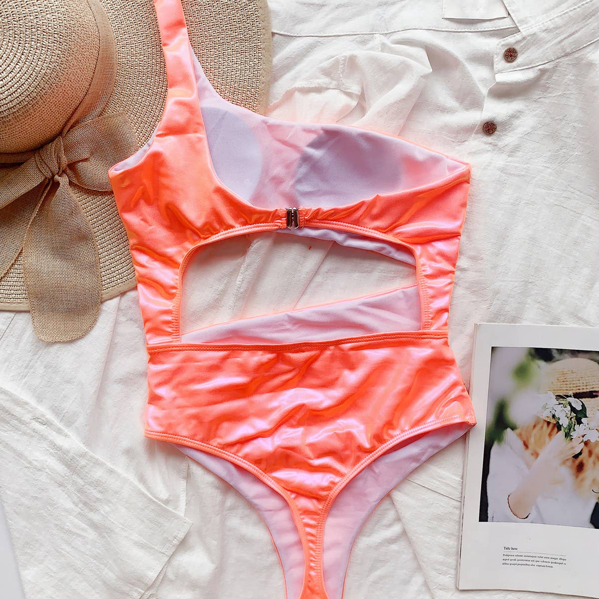 SEXY ONE-SHOULDER PATENT LEATHER SWIMSUIT