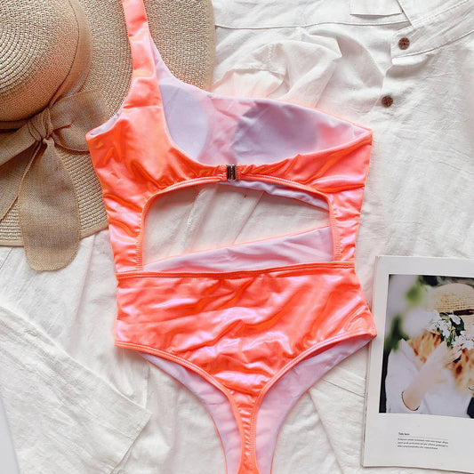 SEXY ONE-SHOULDER PATENT LEATHER SWIMSUIT