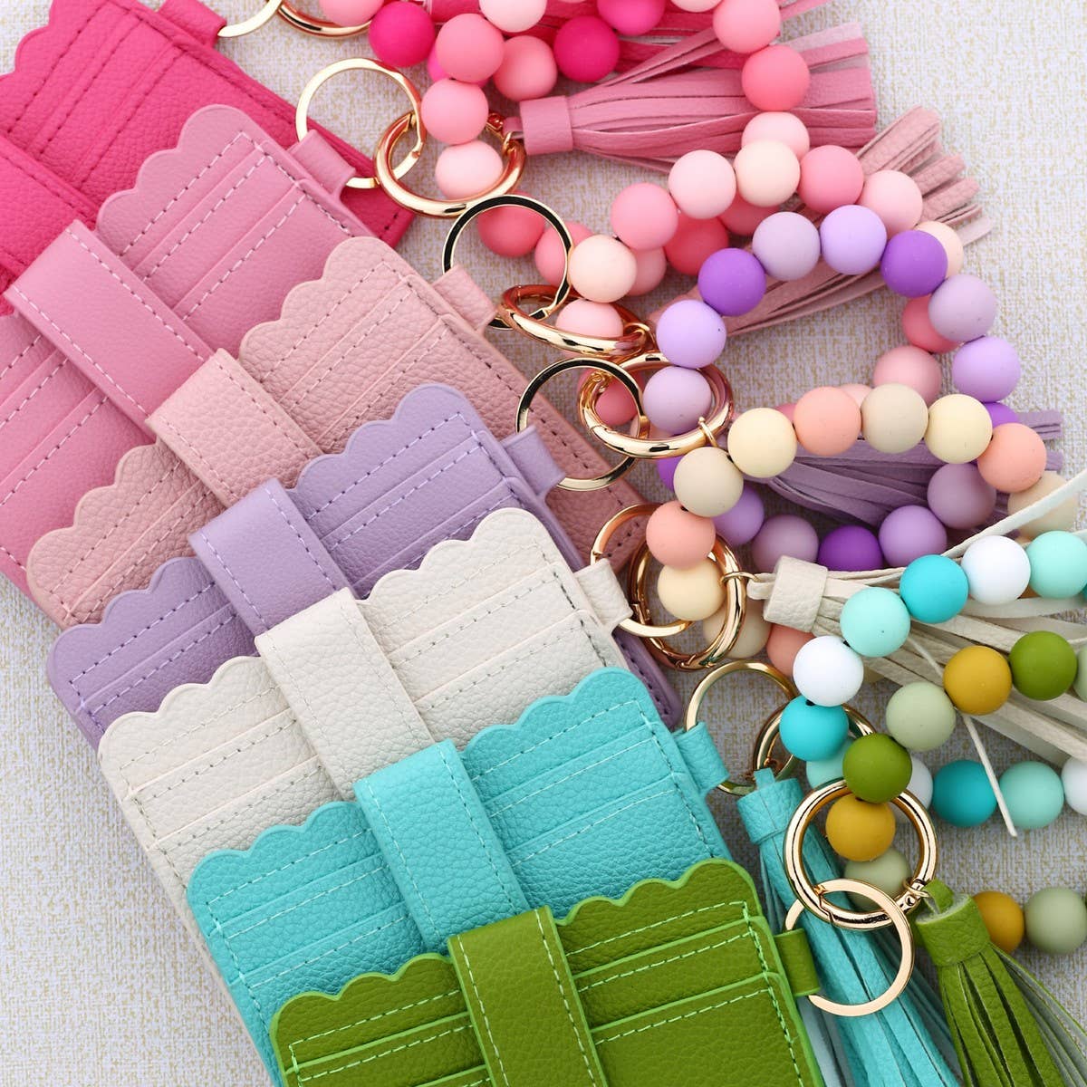 Solid Color PU Wallet with Bead Bracelet&Keychain_CWAB4959