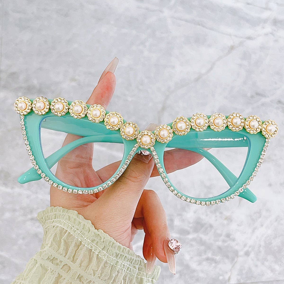 HANDMADE RHINESTONE PEARL RETRO CAT-EYE SUNGLASSES