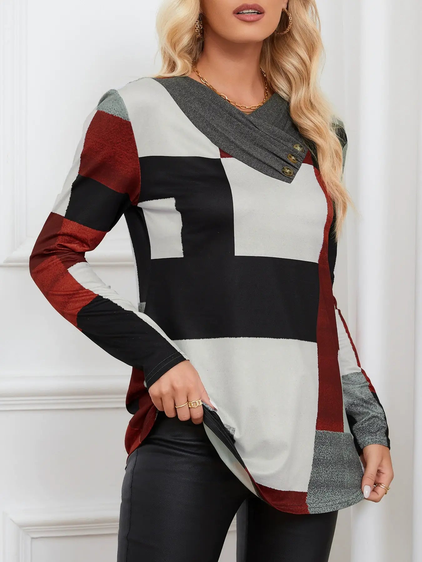 KNIT PLAID PRINT PULLOVER LONG SLEEVE T-SHIRT