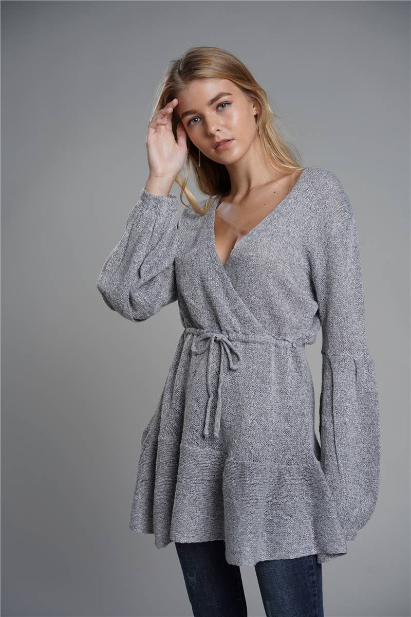 SOLID COLOR TIE V-NECK SWEATER LONG SWEATER