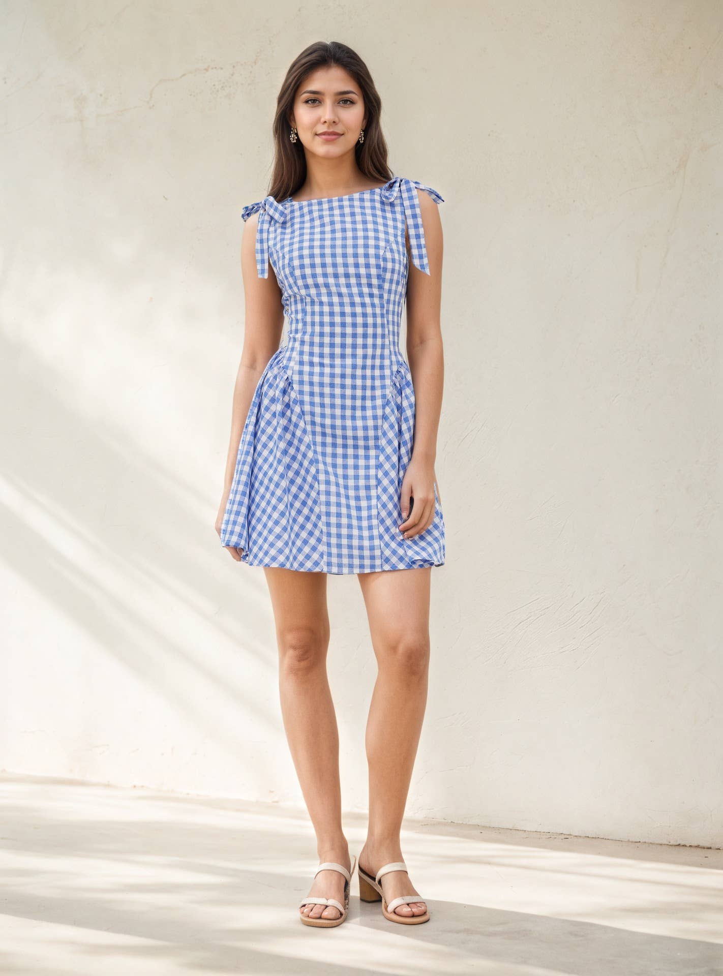 Fashion checkered strappy cinched-waist dress
