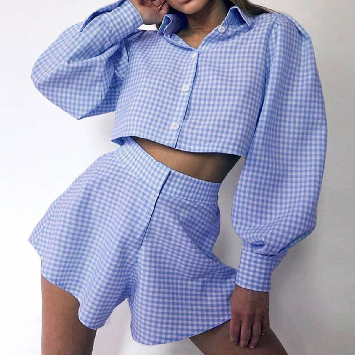 Plaid crop shirt & shorts two-piece set