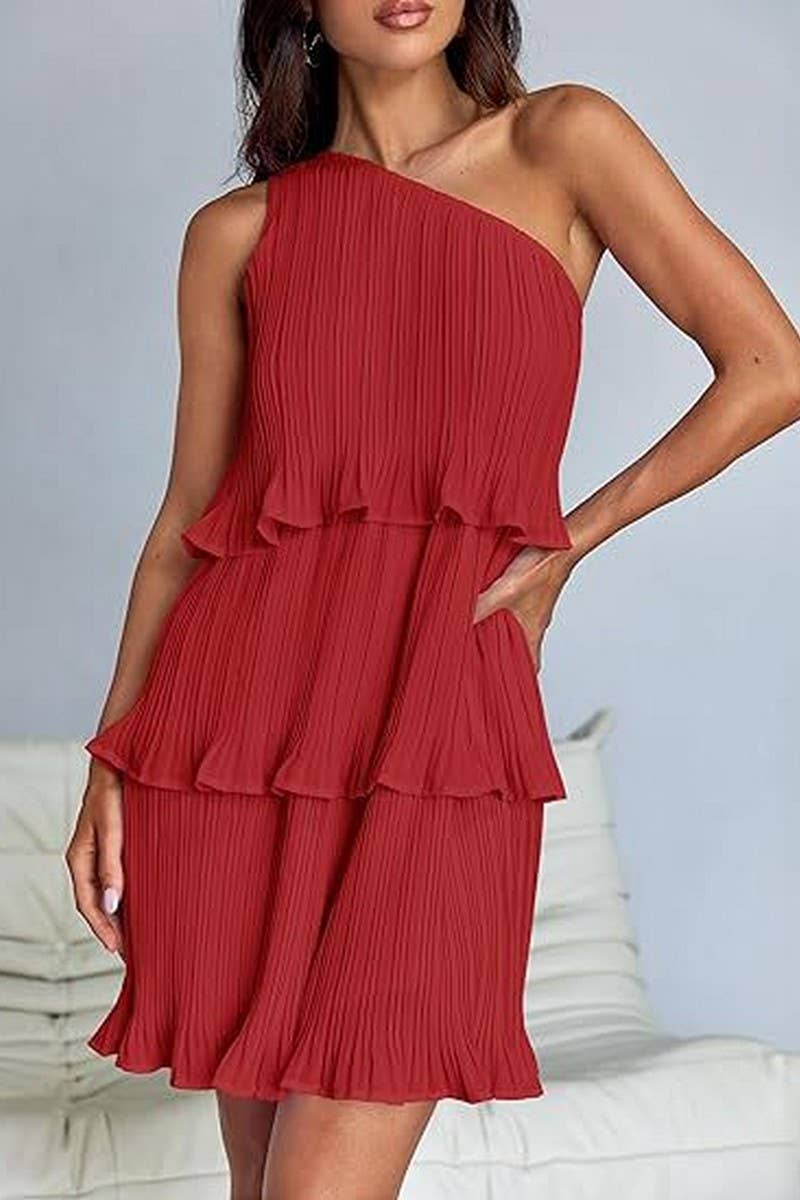 CWDSD8779_OFF-SHOULDER LAYERED HEM PLEATED SLEEVELESS DRESS