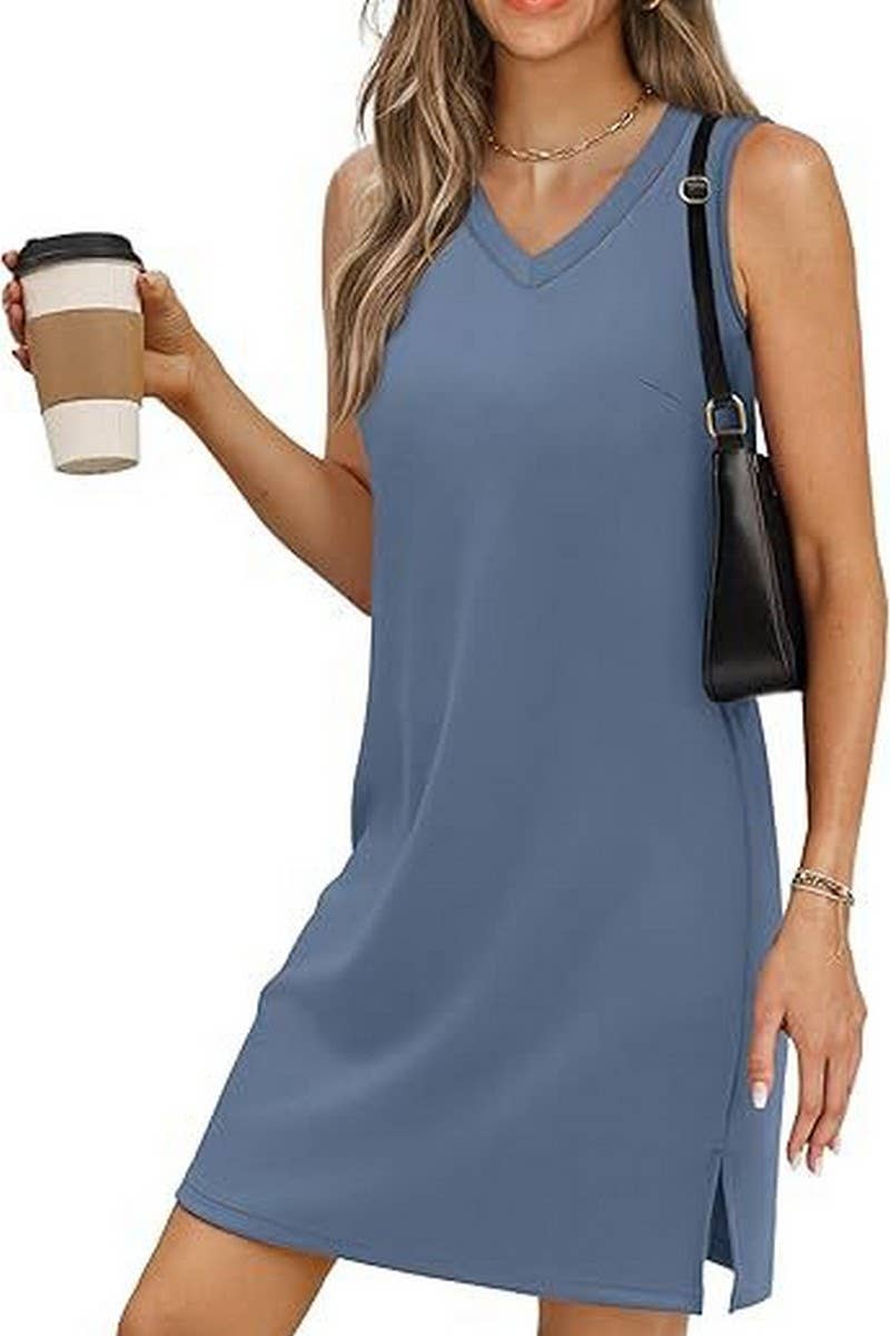 CWDSD8777_V-NECK SLEEVELESS BOTTOM SLIT SOLID COLOR VEST DRE