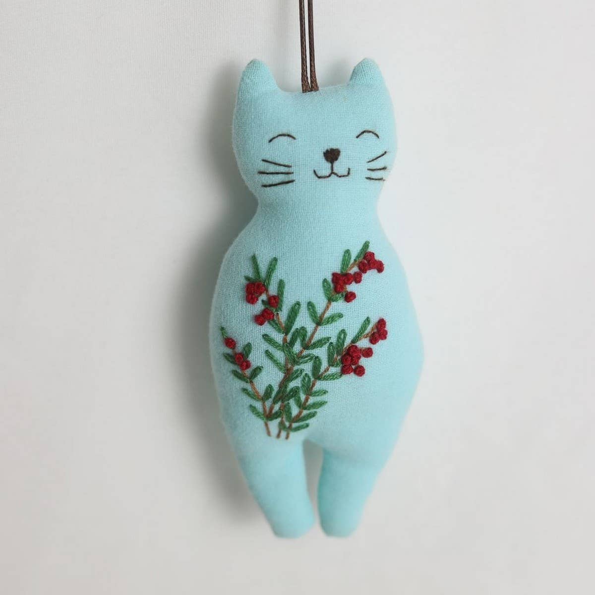 Hand-Embroidered Red Berry Cat Plush Charm
