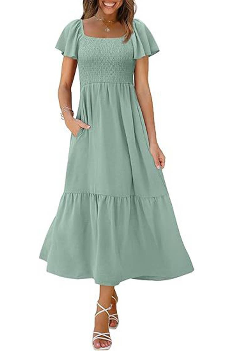 CWDMD6363_SQUARE NECK BUTTERFLY SLEEVE SHIRRED POCKET DRESS