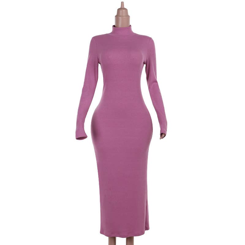 STYLISH ELEGANCE HIGH-NECK FIT LONG-SLEEVED DRESS