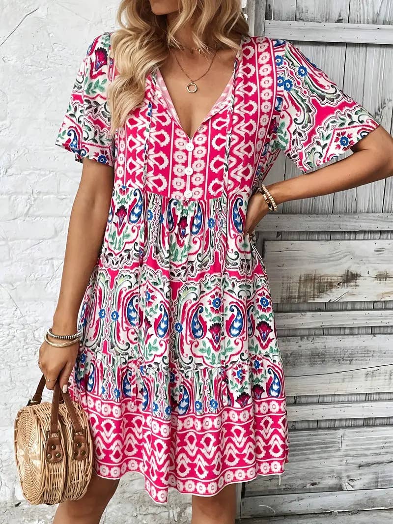 Ethnic style prints loose V-neck short dress