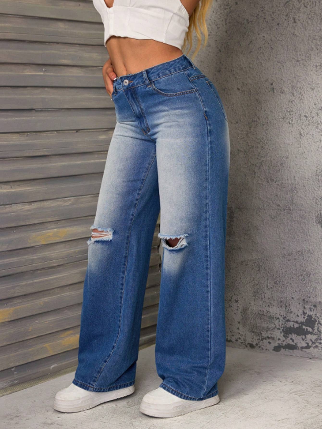 Ripped high-waisted straight-leg denim trousers