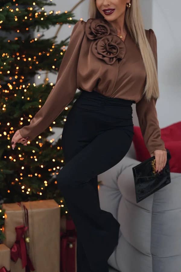 V-NECK FLORAL EMBELLISHED SATIN LONG SLEEVE SHIRT