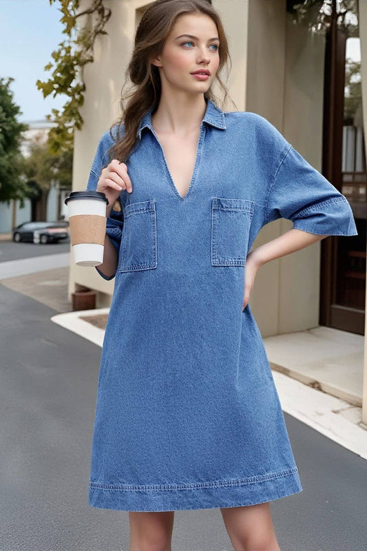CWDSD10898_CASUAL WASHED V NECK SHORT SLEEVE DENIM DRESS