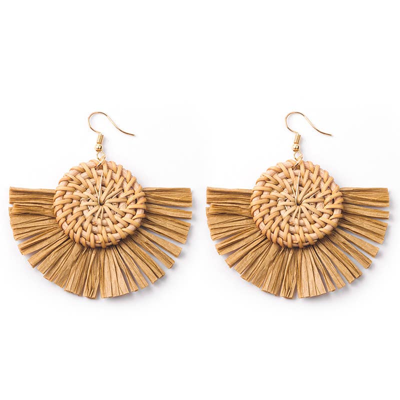 Hand-woven geometric rattan raffia earrings