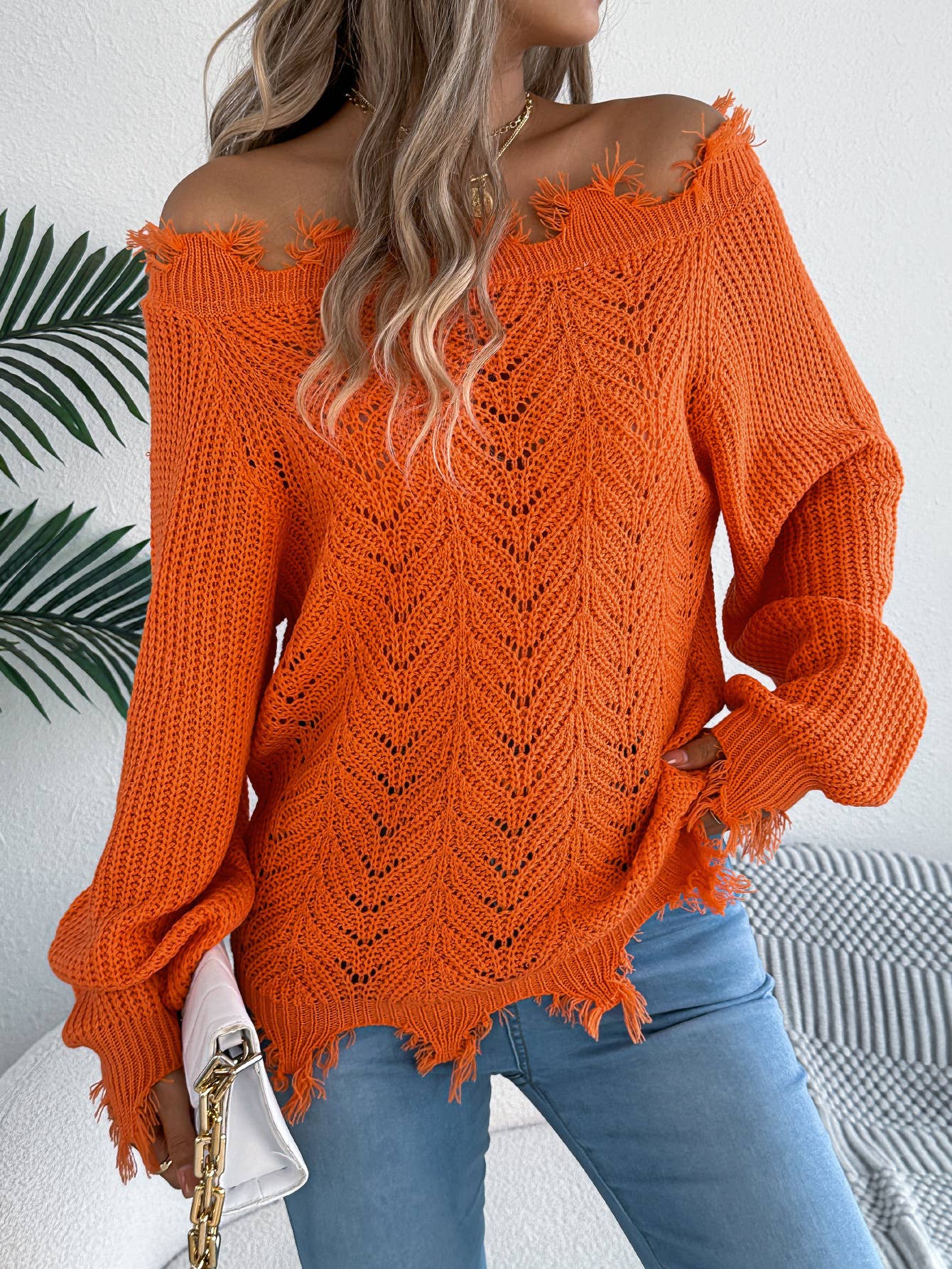 Solid-color cut-out off-the-shoulder sweater